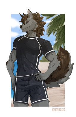 anthro beach blue_eyes brown_body brown_fur clothing detailed_background fur grey_body grey_fur hand_on_hip heterochromia looking_aside male multicolored_body outside plant pose rashguard sand smile solo swimwear tail tree two_tone_body teterumo blue_(randombrosefy) canid canine canis mammal wolf hi_res watermark