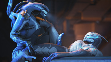 ambiguous_gender duo erection genitals lying male on_back penis raised_leg side_view standing ralic_turman bioware electronic_arts mass_effect alien geth turian 16:9 hi_res widescreen