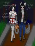 anthro black_hair blood bodily_fluids customer duo female fur grey_body grey_fur hair male male/female white_body white_fur spike_the_furry evelyne_(spikethefurry) spike_(spikethefurry) canid canine canis domestic_cat felid feline felis mammal wolf hi_res