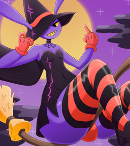 anthro broom broom_riding bulge butt cape choker cleaning_tool clothing collar dress eyeshadow femboy gesture gloves hand_gesture handwear hat headgear headwear holidays jewelry legwear looking_at_viewer magic_user makeup male middle_finger moon necklace panties pattern_clothing pattern_legwear purple_body smile smirk solo stockings striped_clothing striped_legwear stripes text thigh_highs underwear witch witch_costume witch_hat yellow_sclera aeltrix glitch_productions halloween the_amazing_digital_circus jax_(tadc) lagomorph leporid mammal rabbit english_text hi_res