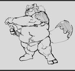 anthro asian_clothing belly big_bulge bulge clothing east_asian_clothing fundoshi japanese_clothing katana male melee_weapon navel overweight overweight_male solo sword underwear weapon coyotebbbusted lifewonders tokyo_afterschool_summoners gyobu_(tas) canid canine mammal raccoon_dog tanuki letterbox monochrome sketch