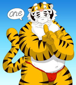 anthro asian_clothing belly bulge clothing east_asian_clothing fundoshi fur humanoid_hands japanese_clothing kemono male navel overweight overweight_anthro overweight_male pink_nose solo text underwear white_body white_fur raichoclub felid mammal pantherine tiger 2015