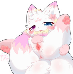 anus female feral front_view fur genitals humanoid_genitalia humanoid_genitalia_on_feral humanoid_vulva humanoid_vulva_on_feral kemono lying on_back pawpads paws pink_body pink_fur presenting presenting_vulva simple_background smile solo spread_legs spread_vulva spreading vulva white_background white_body white_fur neisawa xiaojiu canid canine fox fox_spirit mammal absurd_res hi_res