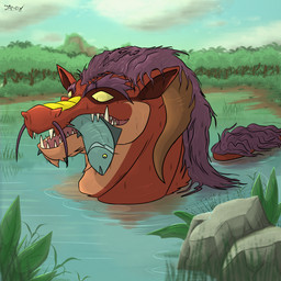 bite feral fishing fur hair male partially_submerged purple_hair red_body smile solo swamp swimming derekdragon mythology derek_the_dragondile_(derekdragon) aquatic dragon fish hybrid mythological_creature mythological_scalie scalie 1:1 absurd_res hi_res