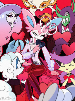 ambiguous_gender anthro anthrofied belt belt_buckle black_heart black_inner_ear black_nose black_sclera blue_claws blue_eyes bottomwear bow_tie broken_heart brown_claws brown_eyes buckle choker claws clothed clothing cuffs_(clothing) eyebrows fangs fluffy fluffy_tail fur glistening glistening_bottomwear glistening_clothing glistening_pants gradient_hair green_body group hair hair_hand hat head_tuft headgear headwear heart_(marking) heart_choker heart_symbol holding_object humanoid_pointy_ears inner_ear_fluff jacket jewelry leg_markings looking_at_another looking_at_viewer male markings necklace open_mouth orange_body orange_fur pants pink_hair pink_hands pointy_ears pointy_nose pokemorph pupils purple_body purple_clothing purple_ears purple_eyebrows purple_eyes purple_hair purple_jacket purple_topwear red_background red_eyes red_nose ribbons_(anatomy) sharp_teeth shoulderless_sweater simple_background sitting smile socks_(marking) tail tan_body tan_fur tape teeth topwear tuft white_body white_fur white_pupils white_sclera white_tail witch_hat odeko-yma nintendo pokemon isabella_(odeko-yma) pix_(odeko-yma) alolan_form alolan_vulpix arcanine delcatty eeveelution generation_1_pokemon generation_3_pokemon generation_6_pokemon generation_7_pokemon generation_8_pokemon grimmsnarl hatterene pokemon_(species) regional_form_(pokemon) sylveon 2026 absurd_res hi_res signature