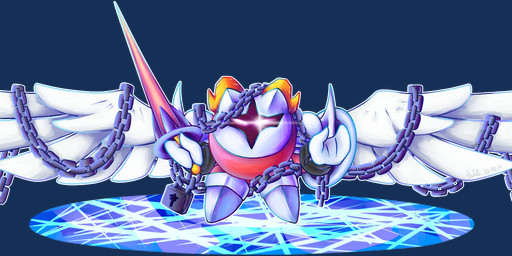ambiguous_gender armor boots bound chain clothing feathered_wings feathers footwear horn lance lock mask melee_weapon padlock pauldron pink_body polearm red_eyes shield shoes solo wavy_horn weapon wings assassinknight-47 kirby_(series) nintendo galacta_knight alpha_channel hi_res