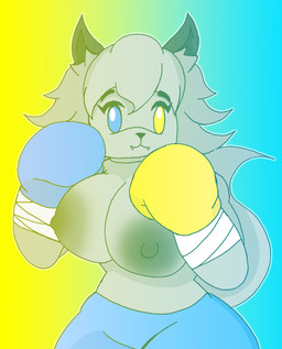 anthro boxing boxing_gloves clothed clothing female handwear happy lego_fortnite solo sport topless topless_anthro topless_female metateen epic_games fortnite wolfie_(fortnite) canid canine canis humanoid mammal wolf absurd_res hi_res