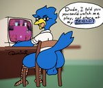 animal_genitalia anthro balls beak big_butt bird_legs blue_body blue_feathers blue_tail blurred_background bottomless butt chair clothed clothing desk door eyewear feathered_tail feathers forest furniture gameplay gaming genitals glasses looking_at_viewer male plant playing_video_game screen sheath shirt shirt_only solo speech_bubble star table tail text topwear topwear_only tree white_clothing white_shirt white_topwear yellow_beak queen_susie deltarune undertale_(series) berdly kris_(deltarune) ralsei avian bird bovid caprine goat human mammal english_text hi_res