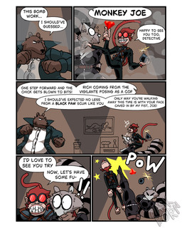 anthro big_breasts black_clothing bodysuit bomb boots breasts clothed clothing coat detective dialogue exclamation_point explosives eyewear female female_anthro femme_fatale footwear fur goggles group high_heeled_boots high_heels hostage huge_breasts jacket kick male markings monkey_tail museum neck_grab nervous police pouch_(clothing) raccoon_tail ring_(marking) ringed_tail scared shocked shoes skinsuit smoke smoke_bomb smoke_cloud striped_markings striped_tail stripes tail tail_markings text thief tight_clothing topwear trio diegutan marcos_the_bear monkey_joe_(diegutan) uva_the_raccoon bear brown_bear haplorhine mammal monkey primate procyonid raccoon ursine 4:5 absurd_res aliasing binary_drawing comic digital_drawing_(artwork) digital_media_(artwork) english_text hi_res