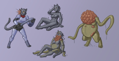 4_toes anthro armor breasts death eyebrows feet female female_anthro full_body_armor grey_body holding_melee_weapon holding_object holding_sword holding_weapon identity_death infestation looking_at_viewer melee_weapon navel nude one_eye_closed orange_sclera parasite shield simple_background solo species_transformation standing sword tail tentacles toes transformation weapon weight_gain what_has_magic_done alphax10 paizo pathfinder catfolk domestic_cat felid feline felis isqulug mammal 2025 digital_media_(artwork) shaded