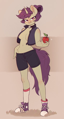 1_horn anthro apple biped blush blush_lines bottomwear breasts clothed clothed_anthro clothed_female clothing collarbone eye_through_hair eyebrow_through_hair eyebrows eyelashes female food footwear fruit hair half-closed_eyes hand_in_pants holding_apple holding_food holding_fruit holding_object horn inner_boob looking_at_viewer midriff narrowed_eyes navel plant purple_hair purple_tail red_eyes shoes shorts sneakers socks solo sparkles standing tail topwear translucent translucent_hair under_boob vest rexyseven friendship_is_magic hasbro my_little_pony mythology fan_character lavrushka_(oc) equid equine mammal mythological_creature mythological_equine unicorn 2022 digital_drawing_(artwork) digital_media_(artwork) english_description full-length_portrait hi_res portrait