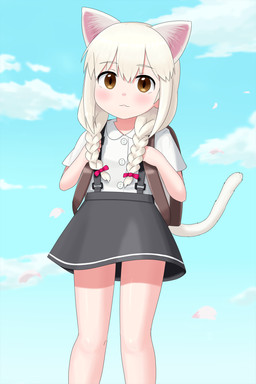 accessory amber_eyes backpack blonde_hair bottomwear bow_(feature) bow_accessory bow_ribbon braided_hair clothed clothing cloud female hair hair_accessory hair_bow hair_ribbon outside ribbons shirt skirt sky solo suspenders topwear young mitokon_dorian animal_humanoid cat_humanoid felid felid_humanoid feline feline_humanoid humanoid mammal mammal_humanoid 2018 2:3 hi_res
