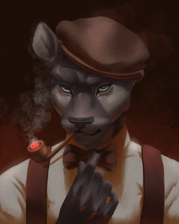 adjusting_bowtie anthro black_body black_fur black_nose blue_eyes bow_tie brown_bow_tie brown_suspenders clothed clothed_male clothing collared_shirt dress_shirt fur hat headgear headwear looking_at_viewer male male_anthro melanistic nails newsboy_cap one_ear_obstructed pipe shirt simple_background smoke smoking_pipe solo suspenders topwear white_dress_shirt guyinvintageclothes ollie_(visualkeihyena) felid jaguar mammal pantherine 2023 4:5 hi_res portrait signature