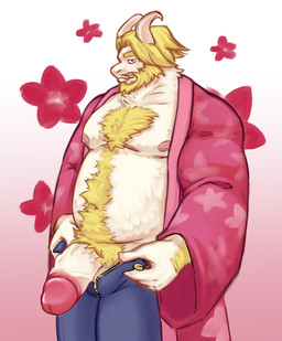 anthro arm_hair asian_clothing beard belly biceps big_penis blonde_hair body_hair bottomwear bulge cherry_blossom chest_fur chest_hair clothed clothing east_asian_clothing facial_hair flower fluffy fluffy_chest fur genitals hair hairy horn japanese_clothing kimono male male/male muscular muscular_anthro muscular_arms muscular_male mustache nipples open_bottomwear open_clothing open_pants overweight overweight_anthro overweight_male pants penis plant prunus_(flower) pube_peek pubes solo standing yellow_body yellow_fur beloqart undertale_(series) asgore_dreemurr boss_monster_(undertale) bovid caprine goat mammal monster absurd_res hi_res