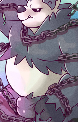anthro black_body black_fur bound bulge chain chained cute_fangs fangs fur leaf male moobs overweight overweight_anthro overweight_male solo teeth white_body white_fur theuseless nintendo pokemon generation_6_pokemon mammal pangoro pokemon_(species) 2013