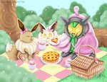 basket container dessert female food forest forest_background nature nature_background picnic picnic_basket plant relaxing tree migart89 nintendo palworld pocketpair pokemon cremis eevee generation_1_pokemon generation_9_pokemon legendary_pokemon ogerpon pal_(species) pokemon_(species) absurd_res hi_res