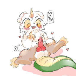 1_horn 4_fingers animal_genitalia balls big_penis blush blush_lines bodily_fluids bodily_fluids_drip bodily_fluids_on_penis brown_body brown_fur canine_genitalia claws dripping facial_tuft feral fingers fur genital_fluids genitals green_body green_scales grey_tail hand_on_leg heart_symbol horn kemono knot knotted_penis leaning leaning_backward legs_up male mostly_nude mostly_nude_male open_mouth penis pink_penis scales simple_background solo tail tongue toony tremble_spikes tuft white_body white_fur yellow_eyes yellow_horn craoluck chiikawa anoko_(chiikawa) chimera 1:1 hi_res