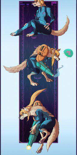 alternate_species anthro basic_sequence biped blonde_hair blue_border border breasts claws clothing digitigrade fangs feet female hair hindpaw jumping linear_sequence pawpads paws ponytail sitting snarling solo standing teeth three_frame_image three_frame_sequence toe_claws torn_clothing transformation transformation_sequence varia_suit zero_suit sharkrags metroid mythology nintendo samus_aran canid canine canis mammal mythological_canine mythological_creature werecanid werecanine werecreature werewolf wolf 2019 hi_res sequence