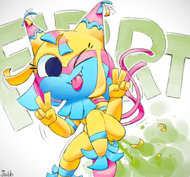 anthro fangs fart fart_cloud fart_fetish female female_farting gesture green_fart_cloud hand_gesture looking_at_viewer multicolored_body one_eye_closed onomatopoeia pinata raised_leg simple_background smile solo sound_effects teeth text tongue tongue_out v_sign vowelless vowelless_sound_effect white_background wink winking_at_viewer jubb blushcrunch_studio dandy's_world roblox yatta_(dandy's_world) animate_inanimate living_pinata toon_(dandy's_world) 2025 artist_name