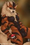 2018 abs animal_genitalia anthro anthrofied arcanine backup_(satsukii) balls canid canine digital_media_(artwork) fangs fully_sheathed generation_1_pokemon genitals holding_object holding_pokeball looking_at_viewer male mammal muscular muscular_anthro muscular_male nintendo pokeball pokemon pokemon_(species) pokemorph satsukii sheath signature solo standard_pokeball teeth yellow_eyes