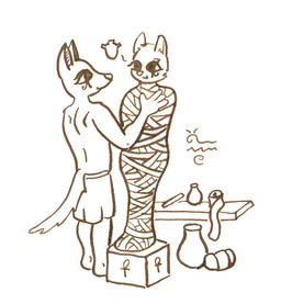 ankh anthro clothed clothing duo egyptian egyptian_clothing eye_contact female heart_symbol hieroglyphics looking_at_another male male/female mummy_wrappings pottery topless topless_male phano egyptian_mythology middle_eastern_mythology mythology anubian_jackal canid canine canis domestic_cat felid feline felis jackal mammal mummy undead