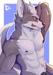 anthro armpit_tuft bedroom_eyes genitals male narrowed_eyes nipples nude pecs penis raised_arm seductive solo teasing tongue tongue_out rj-kun nintendo star_fox wolf_o'donnell absurd_res hi_res