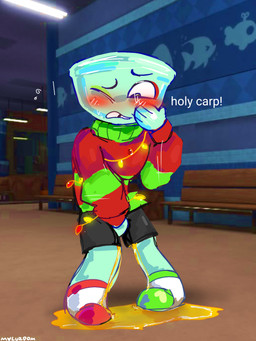 aquarium blush bodily_fluids christmas_clothing clothing embarrassed fish_bowl for_a_head genital_fluids holidays male omorashi peeing solo sweat urine urine_pool vivarium watersports wetting wetting_bottomwear maluzdom blushcrunch_studio christmas dandy's_world roblox finn_(dandy's_world) aquatic fish humanoid object_head 3:4 hi_res