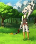 adolescent aged_up anthro arrow_(weapon) avian_feet beak blue_eyes bow_(weapon) clothed clothing cloud detailed_background feathered_wings feathers forest male plant ranged_weapon sky solo target target_practice tree weapon white_body wings young young_male spotty.cat nintendo the_legend_of_zelda tulin_(tloz) avian rito hi_res