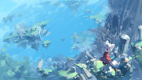 ambiguous_gender anthro bottomwear clothing eyewear floating_island fur hair high-angle_view jacket kemono looking_at_viewer looking_up monocle open_mouth outside red_clothing red_eyes red_jacket red_topwear ruins shorts solo topwear white_body white_fur white_hair young young_anthro emolga_1 mammal 16:9 2024 chinese_description hi_res watermark widescreen