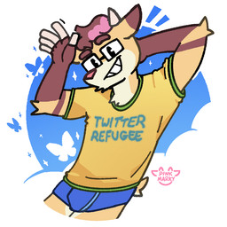 anthro blue_clothing blue_underwear bluesky_logo brown_body brown_fur clothed clothing eyewear fur gesture glasses hair horn looking_at_viewer male pantsless pink_hair shirt smile smiling_at_viewer solo topwear underwear waving waving_at_viewer wearing_glasses yellow_body yellow_clothing yellow_fur yellow_shirt yellow_topwear pink_marky pinky_(pink_marky) 1:1
