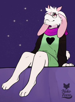 anthro barefoot black_sleeves clothed clothed_anthro clothing eyewear feet floppy_ears fur glasses green_clothing green_robe heart_clothing heart_symbol lop_ears male night pink_scarf robe scarf sitting sky solo star stargazing white_body white_fur nekofoxxo deltarune undertale_(series) ralsei bovid caprine goat mammal hi_res