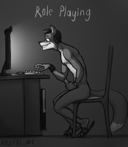 anthro biped black_hair black_nose chair circumcised clock clothing computer countershading desk dipstick_tail electronics erection eyebrows footwear fur furniture genitals grey_background grey_body grey_ears grey_eyes grey_fur grey_tail grin hair humanoid_genitalia humanoid_penis keyboard light male markings masturbation monitor mostly_nude multicolored_body multicolored_fur multicolored_tail nipples nude penile penile_masturbation penis plantigrade roleplay sandals shoes side_view simple_background sitting slim slim_anthro slim_male smile solo table tail tail_markings text two_tone_body two_tone_fur two_tone_tail watch white_body white_countershading white_fur wristband wristwatch kostos_art canid canine fox mammal digital_media_(artwork) english_text full-length_portrait greyscale hi_res lighting monochrome portrait signature