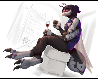 antennae_(anatomy) anthro arthropod_abdomen back_wings barefoot claws clothing exoskeleton feet foot_focus hair male paws simple_background soles solo toes wings kredri arthropod insect