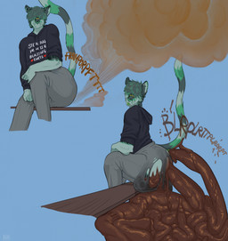 2_anuses anthro anus big_butt black_clothing black_hoodie black_topwear blue_background bottomwear butt clothing excessive_feces fart fart_cloud feces feces_on_body feces_on_butt feces_on_ground feces_on_tail feces_pile fur green_body green_fur green_hair grey_bottomwear grey_clothing grey_pants hair hair_over_eyes heart_symbol hoodie hyper hyper_fart hyper_feces hyper_feces_pile hyper_soiling male male_farting male_pooping markings multi_anus onomatopoeia open_mouth pants pooping pooping_on_floor raised_tail scatplay simple_background sitting soiled_bottomwear soiling soiling_pants solo sound_effects striped_body striped_fur striped_markings striped_tail stripes tail tail_markings text text_on_clothing text_on_hoodie text_on_topwear tongue tongue_out topwear torn_bottomwear torn_clothing torn_pants whisker_spots stinkybuns domestic_cat felid feline felis mammal 2024 english_text hi_res