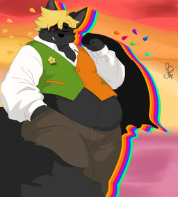ambiguous_gender anthro belly blonde_hair bottomwear chest_tuft clothed clothing cosplay feniko flower fur hair hand_in_pocket holding_object obese overweight pants plant pockets smile solo tail thick_thighs topwear tuft vest thecubbyfoxs2feniko deltarune undertale_(series) flowery_(deltarune) canid canine elemental_creature flora_fauna flower_creature fox mammal seven_flowers absurd_res hi_res
