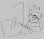 4_horns angry anthro clothed clothing computer computer_monitor crossed_arms drawing_pen drawing_tablet electronics fur hair horn looking_at_object male multi_horn sitting solo three-quarter_view sushiamazing sushi_(sushiamazing) furred_kobold furred_scalie kobold scalie 2022 digital_media_(artwork) monochrome sketch