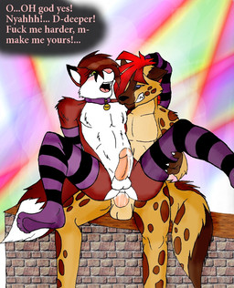 anal anal_penetration anthro anthro_on_anthro anthro_penetrated anthro_penetrating anthro_penetrating_anthro armwear balls bdsm big_penis blush bodily_fluids brown_hair butt chair_position clenched_teeth clothing collar cum cum_in_ass cum_inside dialogue dripping duo erection feet femboy footwear from_behind_position fur genital_fluids genitals gloves hair handwear hindpaw humanoid_genitalia humanoid_penis legwear male male/male male_penetrated male_penetrating male_penetrating_male master moan mohawk nude open_mouth orgasm pattern_armwear pattern_clothing pattern_legwear paws penetration penile penis petplay profanity red_hair roleplay sex sitting socks spots spread_legs spreading striped_armwear striped_clothing striped_legwear stripes submissive tail teeth text thigh_highs tight_fit zeeka marcius zeeka_(character) canid canine fox hyena mammal spotted_hyena digital_media_(artwork) english_text mixed_media traditional_media_(artwork)