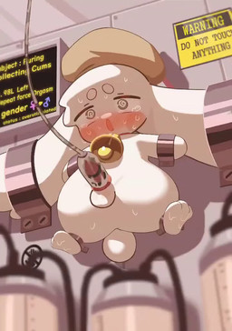 anthro bell blush bodily_fluids clothing cum genital_fluids hat hat_only headgear headgear_only headwear headwear_only male megrant12 mostly_nude penile penis_milking restraints solo sweat text lagomorph leporid mammal rabbit animated short_playtime webm