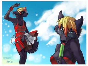 anthro blonde_hair blue_eyes breasts candy cleavage clothed clothing cloud dessert dress eyewear female food food_fetish glasses hair lollipop looking_at_viewer nipple_outline outside sky skyscape solo suggestive suggestive_food sunglasses tail wind orphen-sirius fleki_(character) canid canine canis mammal wolf
