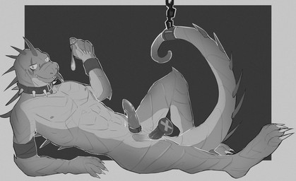 anus bodily_fluids bound chain chained collar condom filled_condom genitals male penis sex_toy sexual_barrier_device solo ssseeesss lizard reptile scalie hi_res monochrome sketch