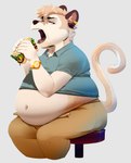 annoyed anthro back_rolls belly belly_rolls bottomwear burger clock clothed clothing ear_piercing eating fat_rolls food fur holding_burger holding_food holding_object male navel obese obese_anthro obese_male open_bottomwear open_clothing open_mouth open_pants overweight overweight_anthro overweight_male pants piercing sitting sitting_on_stool solo stretch_marks tan_body tan_fur teeth tight_clothing tongue watch wristwatch okaeri archie_(jeanx) euplerid fossa mammal hi_res