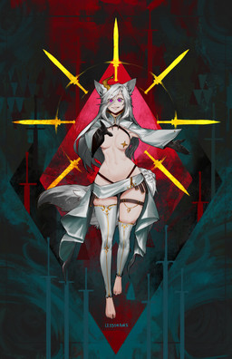 abstract_background accessory barefoot breasts clothed clothing feet female footless_legwear fur garter gesture gloves hair hand_gesture handwear horn legwear long_hair long_sleeves looking_at_viewer medium_breasts melee_weapon pale_skin pasties pointing pointing_at_viewer purple_eyes skimpy smile solo sword teeth thigh_highs toothy_grin weapon white_body white_clothing white_fur white_hair wide_hips less_(artist) animal_humanoid canid canine canis humanoid mammal wolf absurd_res hi_res signature