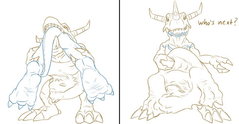 abdominal_bulge anthro belly_rub curled_up feral holding_both_legs looking_at_viewer male male_pred male_prey mouth_shot muffled open_mouth oral_vore paws prey_outline same_size_vore soft_vore solo spread_legs spreading squirming tail text tight_belly tongue vore conditional_dnp samagthrav2 bandai_namco digimon digimon_(species) exveemon greymon absurd_res english_text hi_res