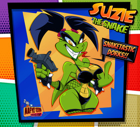 anthro big_breasts black_hair bra breasts clothing eyelashes female fishnet_clothing fishnet_legwear gesture green_boddy gun hair hand_gesture legwear middle_finger panties ranged_weapon smile solo text thick_thighs tongue tongue_out twintails_(hairstyle) underwear weapon yellow_eyes nafyo-toons suzie_(undakuva) reptile scalie snake english_text hi_res