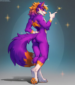 anthro athletic athletic_anthro athletic_male blep blue_background butt dipstick_tail fluffy fluffy_tail fur gloves_(marking) grey_background hand_on_hip male male_anthro markings multicolored_body multicolored_fur nude_anthro nude_male orange_body orange_fur pawpads paws purple_body purple_fur rear_view simple_background slim slim_anthro slim_male small_waist solo sparkles tail tail_markings tongue tongue_out white_body white_fur tofuzinn canid canine canis mammal wolf hi_res