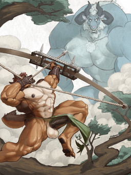 4_horns 5_fingers abs action_pose angry anthro areola arrow_(weapon) balls barazoku beard biceps big_balls big_muscles big_pecs big_penis biped black_areola black_nipples black_nose black_penis blue_body blue_fur bottomwear bow_(weapon) brown_body brown_clothing brown_fur brown_gloves brown_hair brown_handwear brown_pawpads chest_tuft claws clothed clothed_anthro clothed_male clothing cloud countershade_fur countershade_torso countershading deltoids duo erection erection_under_clothing erection_under_loincloth facial_hair fangs feet fight fighting_pose finger_claws fingerpads fingers fur genitals gloves green_bottomwear green_clothing green_loincloth hair handwear holding_bow_(weapon) holding_object holding_ranged_weapon holding_weapon horn huge_muscles humanoid_feet humanoid_genitalia humanoid_hands humanoid_penis hyper hyper_muscles larger_anthro larger_male loincloth loincloth_only looking_at_another macro macro_anthro macro_male male male_anthro mane manly multi_horn multicolored_body multicolored_fur muscular muscular_anthro muscular_male navel nipples no_pupils nude open_mouth pawpads pecs penis pink_inner_ear pink_nose plant plantigrade pose quads ranged_weapon sabertooth_(anatomy) serratus size_difference skimpy smaller_anthro smaller_male smoke tail tan_body tan_fur teeth toe_claws toes topless topless_anthro topless_male trapezius tree triceps tuft vein veiny_muscles veiny_penis weapon white_beard white_body white_countershading white_facial_hair white_fur white_mane oldshep jason_steiner canid canine canis domestic_dog felid german_shepherd herding_dog kaiju mammal pastoral_dog digital_media_(artwork) hi_res shaded signature