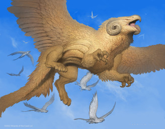 ambiguous_gender beak brown_body brown_feathers brown_fur claws cloud day feathered_wings feathers feet feral flying fur group horn looking_up open_mouth outside solo_focus tail talons toes wings john_tedrick hasbro magic:_the_gathering mythology wizards_of_the_coast avian gryphon mythological_avian mythological_creature 2021 absurd_res detailed hi_res official_art
