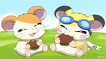 alternate_species burger duo eating eyewear eyewear_on_head feral food fur goggles goggles_on_head grass male orange_body orange_fur plant scarf smile tan_body tan_fur yellow_body yellow_fur pichu90 hamtaro_(series) hamtaro sparks_pichu cricetid hamster mammal rodent 2018 signature