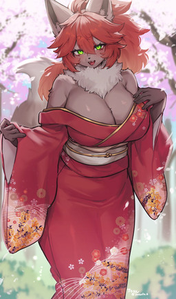 anthro asian_clothing bare_shoulders big_breasts black_nose blush breasts cherry_blossom cherry_blossom_tree cherry_tree chest_tuft cleavage clothed clothing east_asian_clothing eyebrow_through_hair eyebrows eyelashes fangs female floral_print flower fruit_tree fully_clothed fur green_eyes grey_body grey_fur hair inner_ear_fluff japanese_clothing kemono kimono long_hair looking_at_viewer multicolored_body multicolored_fur open_mouth open_smile outside plant prunus_(flower) red_clothing red_hair red_kimono smile solo teeth text translucent translucent_hair tree tuft twitter_handle two_tone_body two_tone_fur white_body white_fur suurin_2 canid canine fox mammal 2026 artist_name hi_res