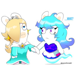 anthro bangs bare_shoulders blonde_hair blue_body blue_eyes blue_hair closed_frown clothed clothed_anthro clothed_female clothing confusion crown dialogue dress duo ear_piercing eyelashes featureless_legs female female_anthro frown fur hair hair_over_eye half-closed_eyes headgear holding_fan holding_wrist legless light long_ears long_hair looking_at_another looking_up mitten_hands mouth_closed multicolored_body multicolored_hair narrowed_eyes noseless paper_fan piercing purple_clothing purple_dress purple_eyes purple_hair simple_background standing star_ear_piercing tan_body tan_eyelids tan_inner_ear tan_skin teal_clothing teal_dress text translucent translucent_body two_tone_body two_tone_hair wavy_hair white_background white_body white_fur jooniethenight mario_bros mario_plus_rabbids_sparks_of_hope nintendo raving_rabbids rayman_(series) ubisoft midnite_(mario_plus_rabbids) rabbid_rosalina ghost hybrid lagomorph mammal rabbid spirit 1:1 2023 artist_name colored crossover digital_drawing_(artwork) digital_media_(artwork) english_description english_text hi_res lighting shaded
